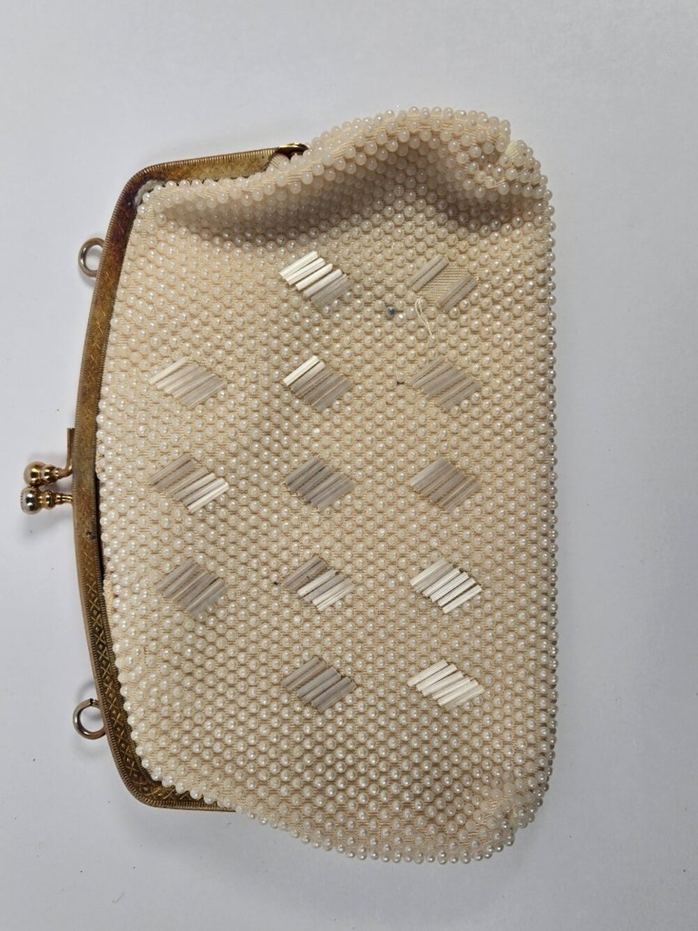 Vintage Styled by Safar Ivory Beaded Clutch Handbag Gold Frame Kiss Lock